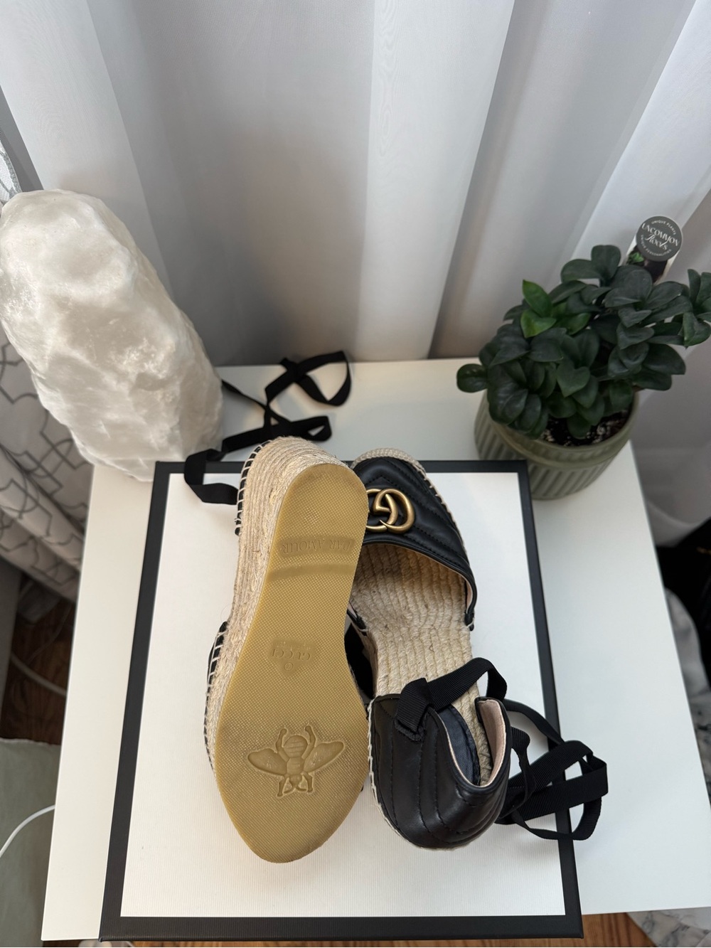 Gucci Black Leather Espadrille Wedge Sandals with Gold Double G - Picture 5 of 9